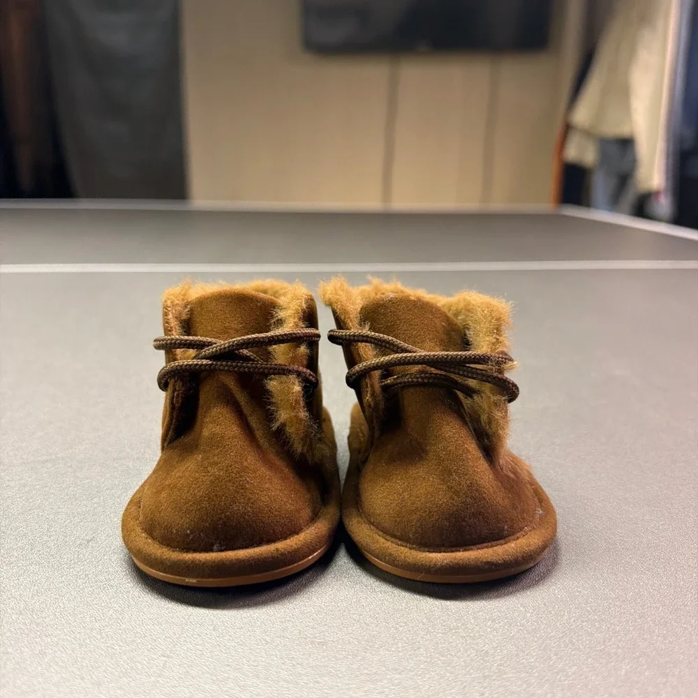 Infant Baby Faux Suede Fur Lined Soft Sole Booties Chestnut Brown Lace Up Shoes